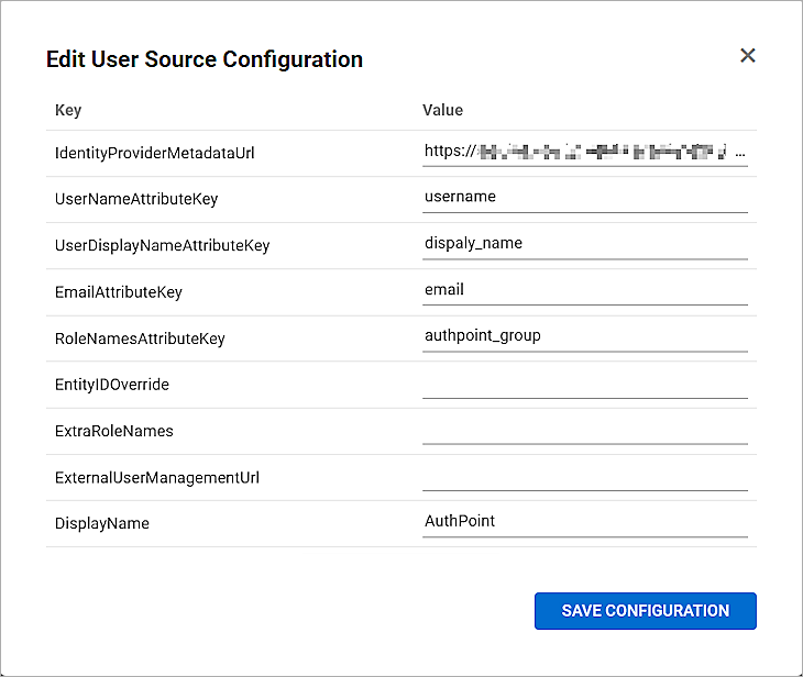 Screenshot of Edit User Source Configuration dialog box